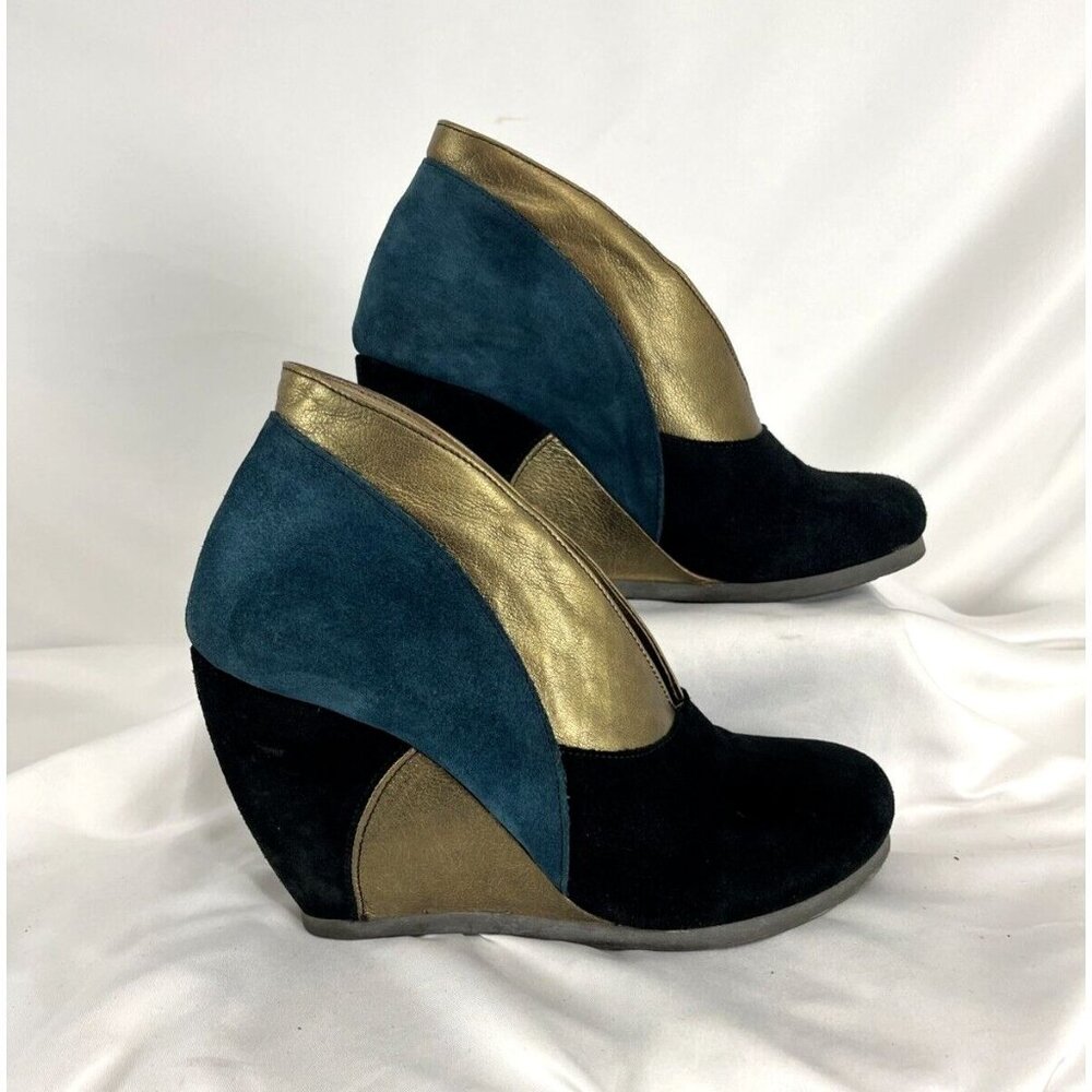 Fly London Teal, Black & Metallic Gold Suede Wedge Booties